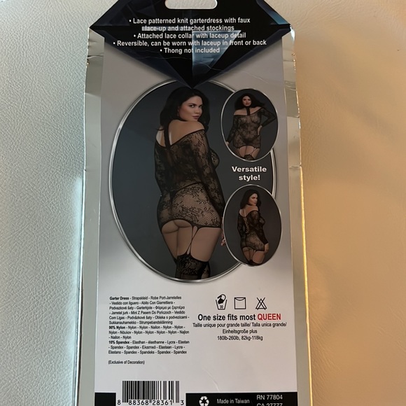 Dreamgirl Women's Plus Lace Patterned Knit Garter Dress with Stockings Black - Picture 7 of 11